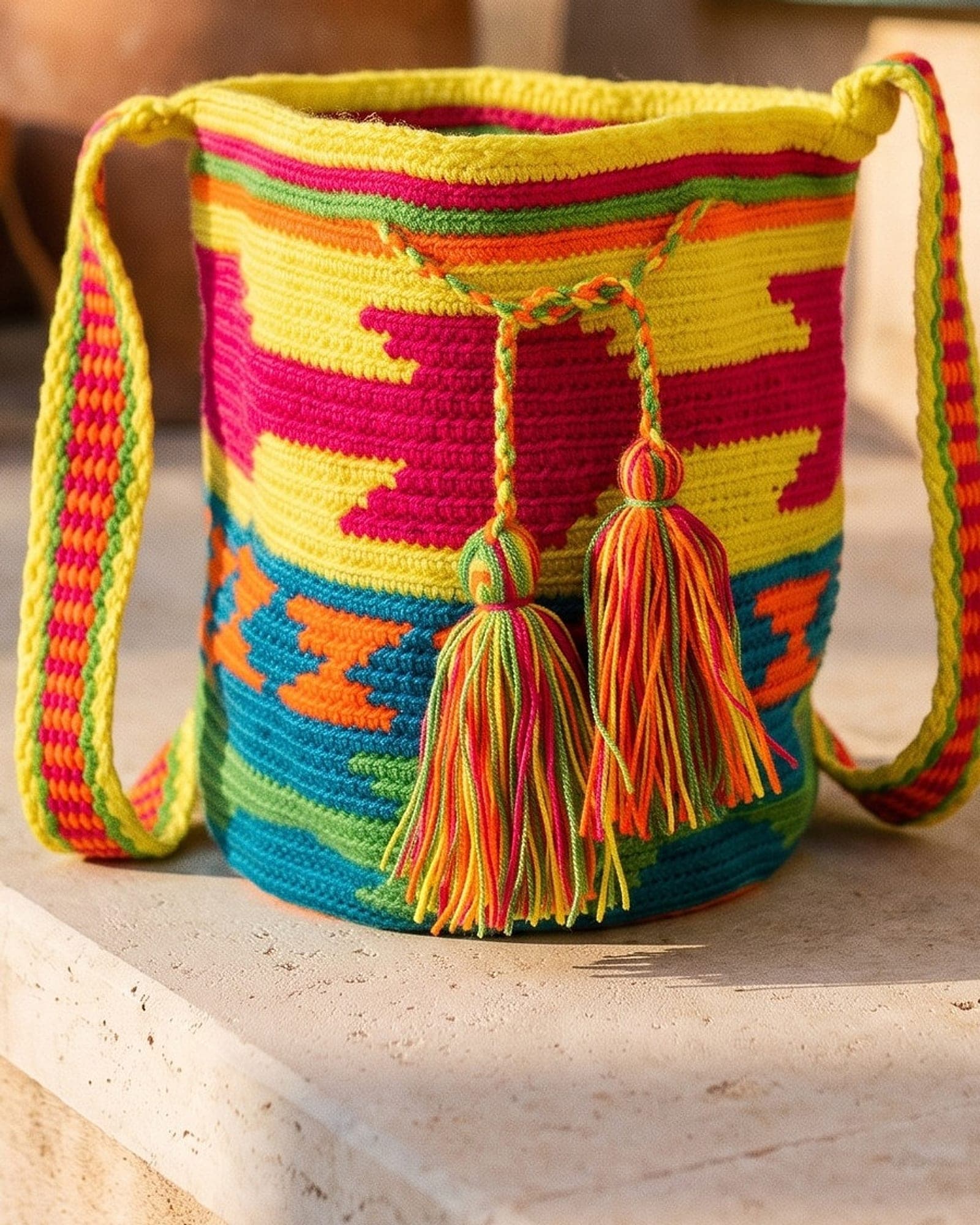 Detailaufnahme der Mochila: Gewebe, Muster und geflochtene Quasten aus der Nähe.