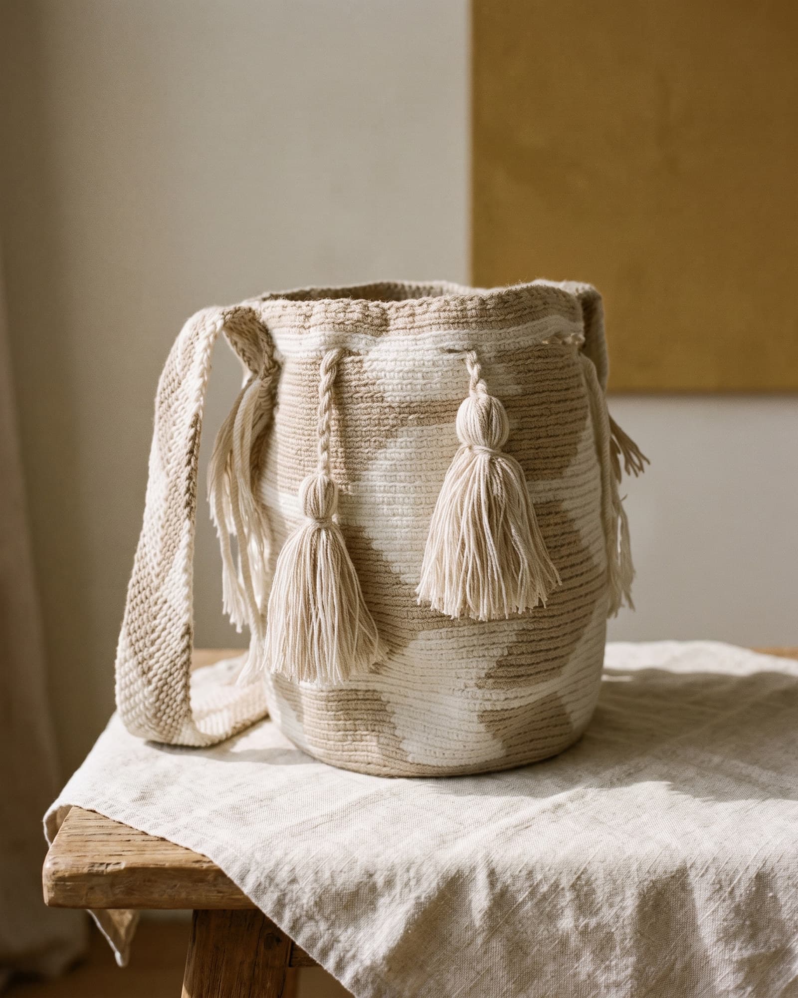 Mochila Geométrica in Creme und Topo, als Stillleben auf Leinen in warmem Tageslicht liegend, mit khakifarbenem Henkel und zwei cremefarbenen Quasten.