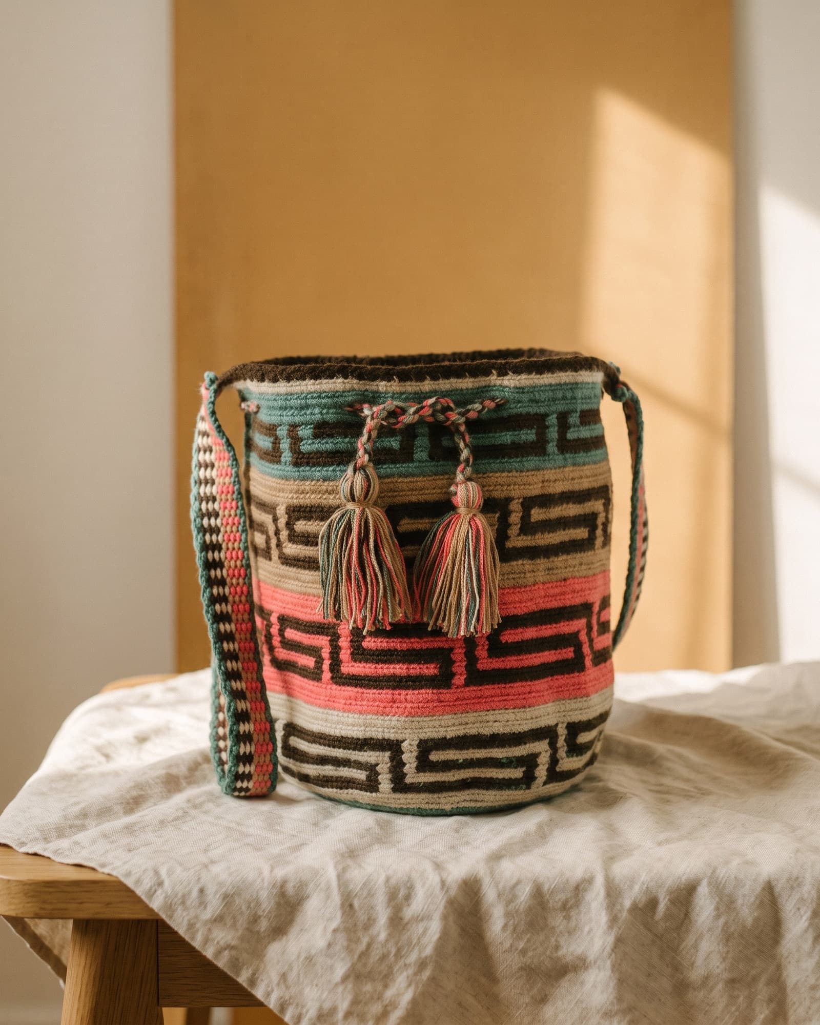 Mochila Greca mit braunem Mäander auf Korall, Petrol und Sand, auf Leinen ruhend im warmen Tageslicht.