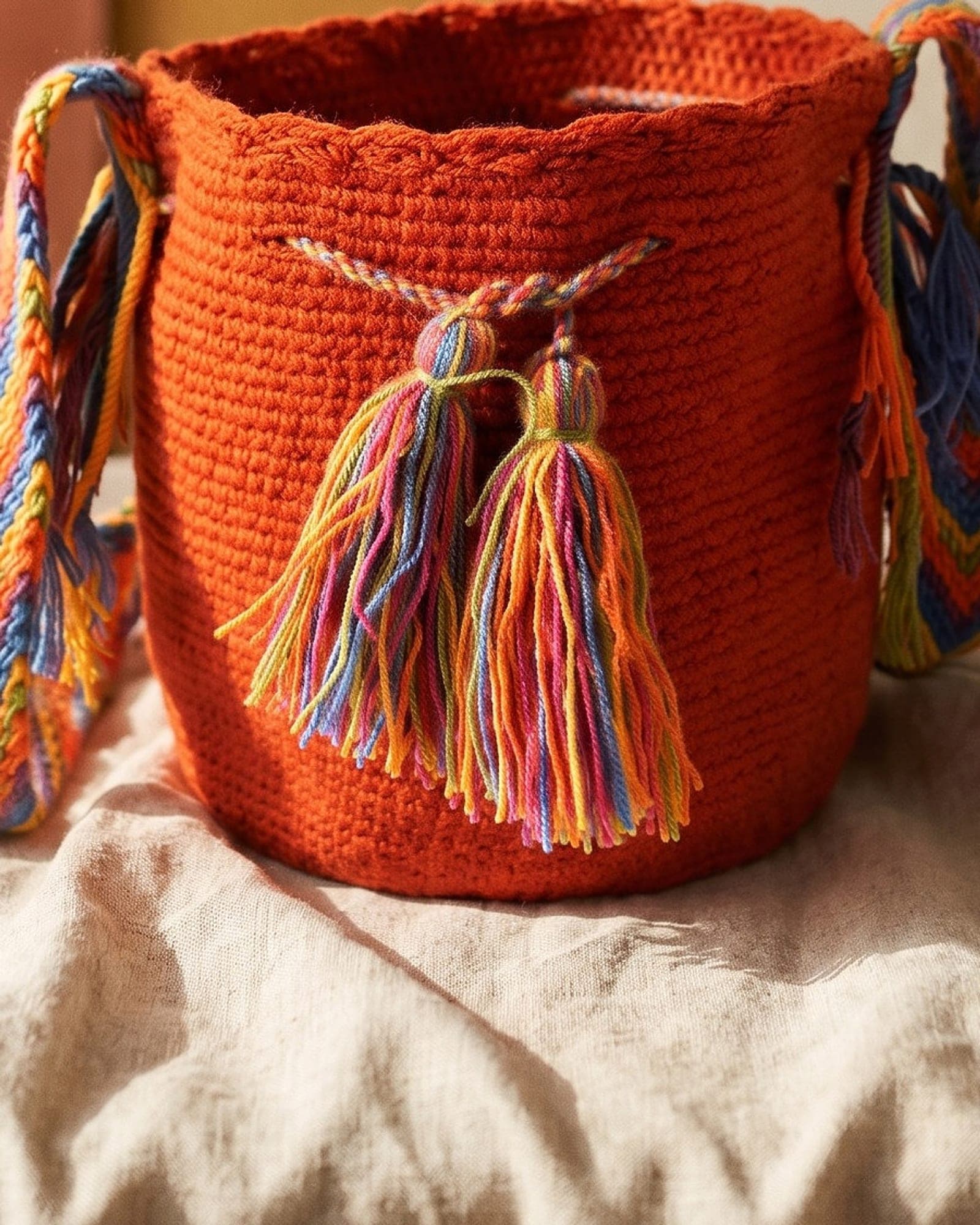 Detailaufnahme der Mochila: Gewebe, Muster und geflochtene Quasten aus der Nähe.