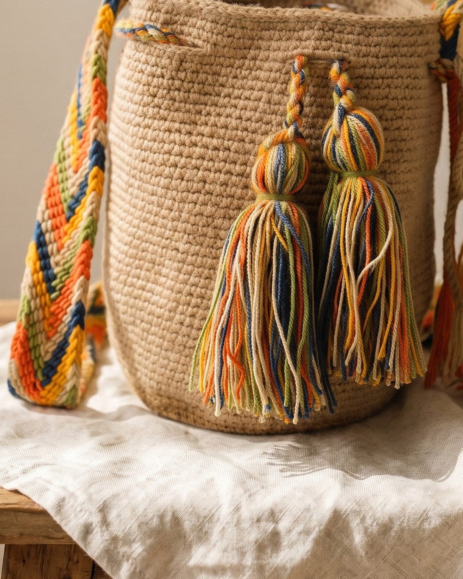 Detailaufnahme der Mochila: Gewebe, Muster und geflochtene Quasten aus der Nähe.