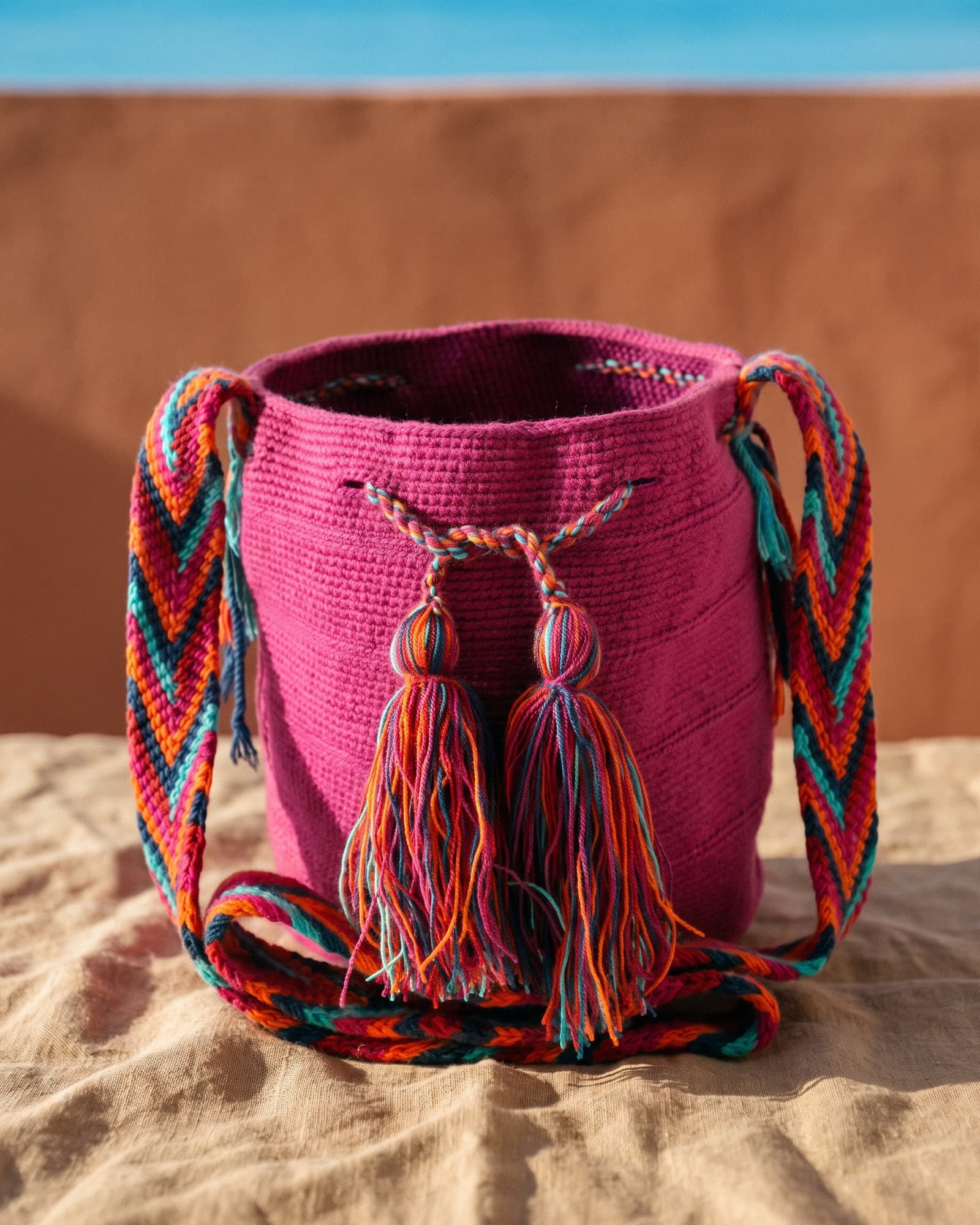 Fuchsiafarbene Mochila ohne Muster mit türkis-orangem Chevron-Henkel, auf Leinen liegend im warmen Tageslicht.