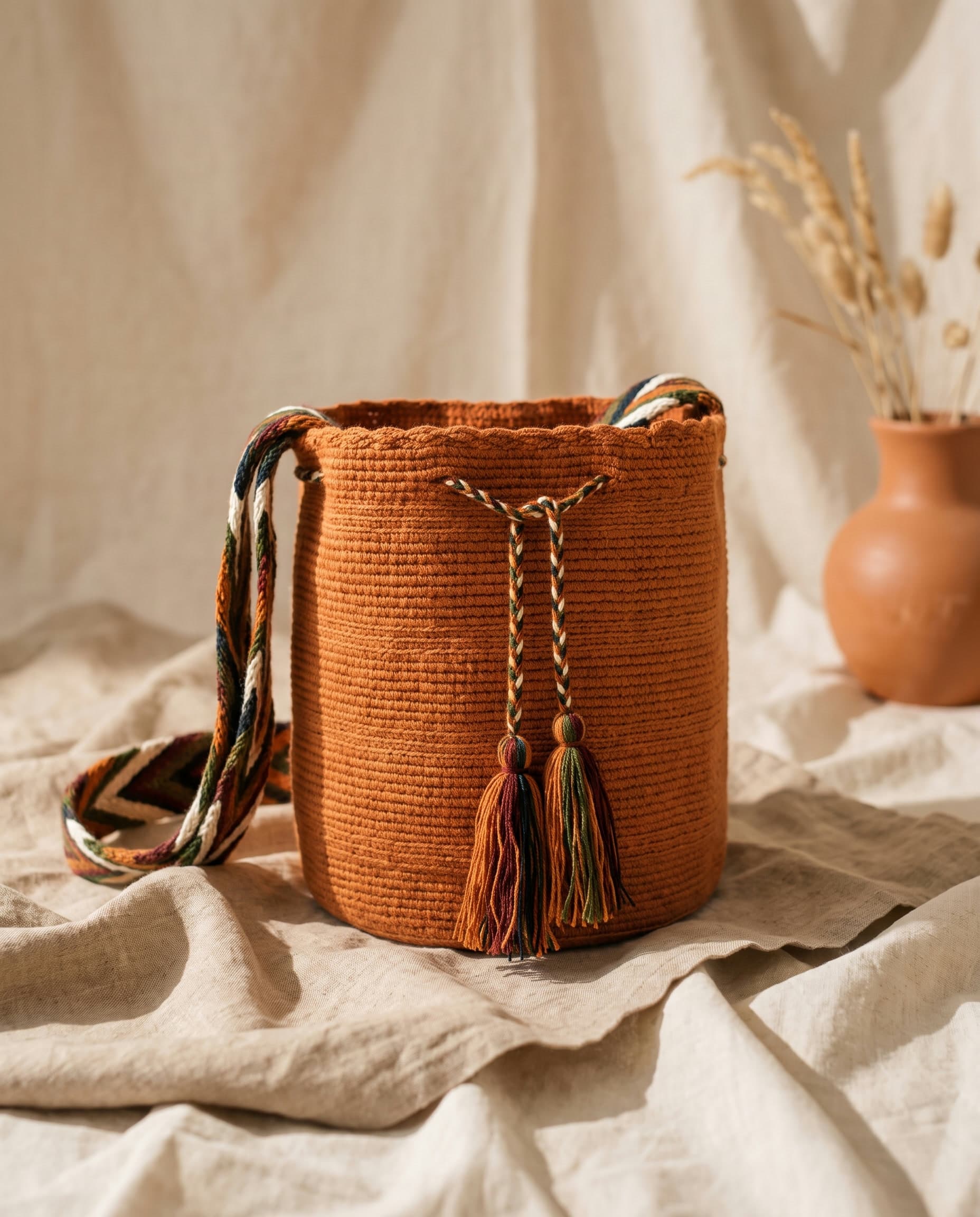 Handgewebte einfarbige Wayuu-Mochila in Terracotta auf Leinen