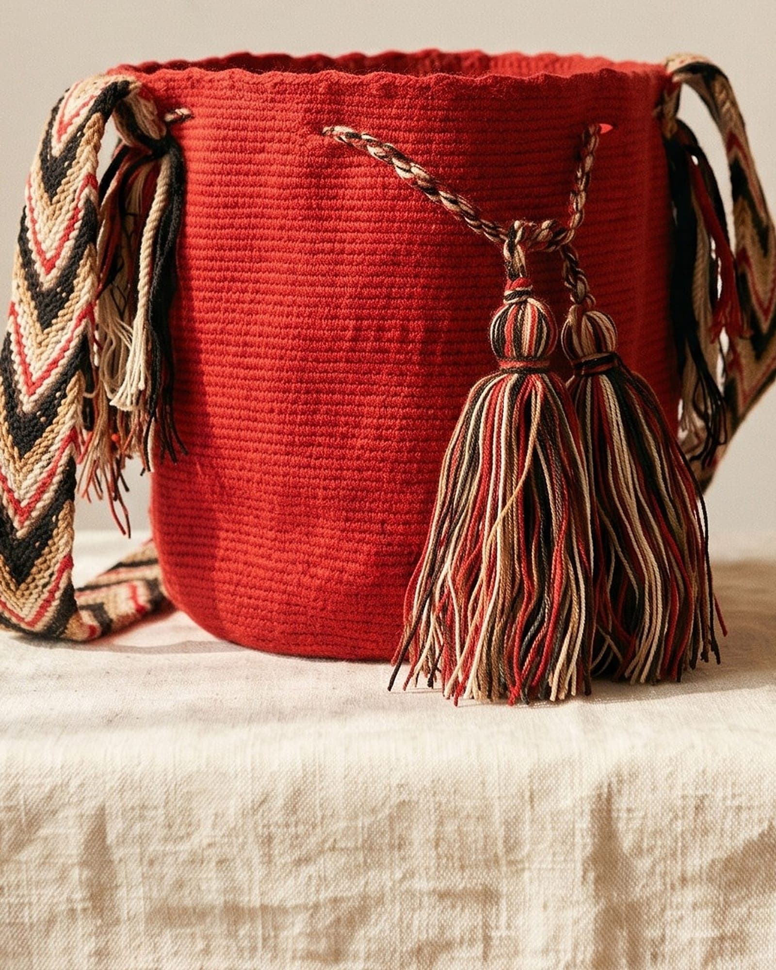 Detailaufnahme der Mochila: Gewebe, Muster und geflochtene Quasten aus der Nähe.