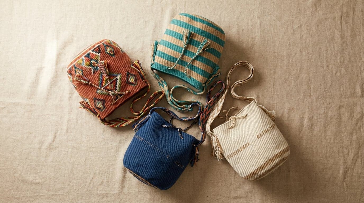Vier handgewebte Wayuu-Mochilas auf warmem Leinen