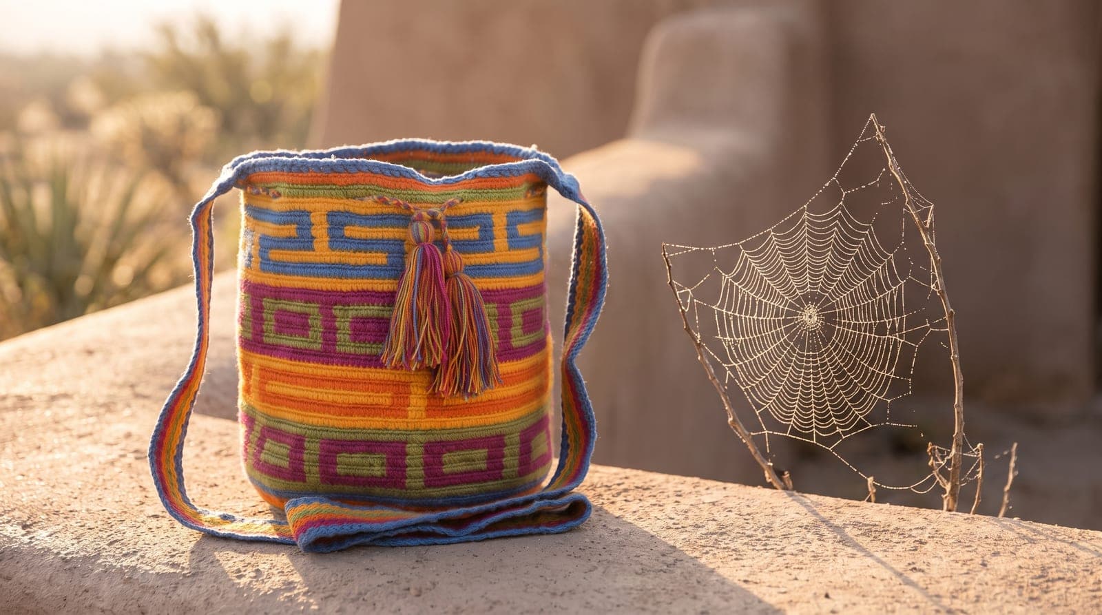 Eine bunte Wayuu-Mochila im warmen Morgenlicht neben einem taubedeckten Spinnennetz