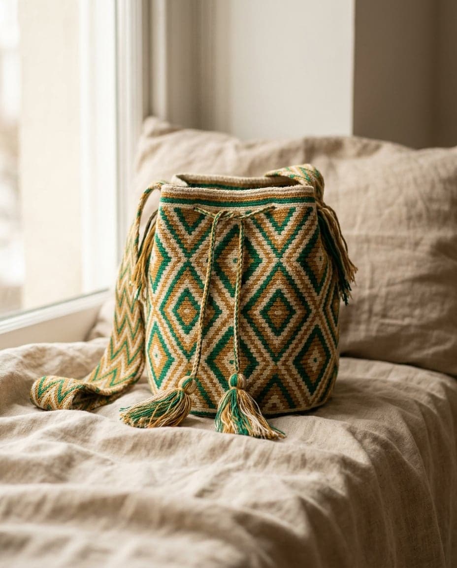Handgewebte Wayuu-Mochila Bahía in Smaragdgrün mit goldenem Faden