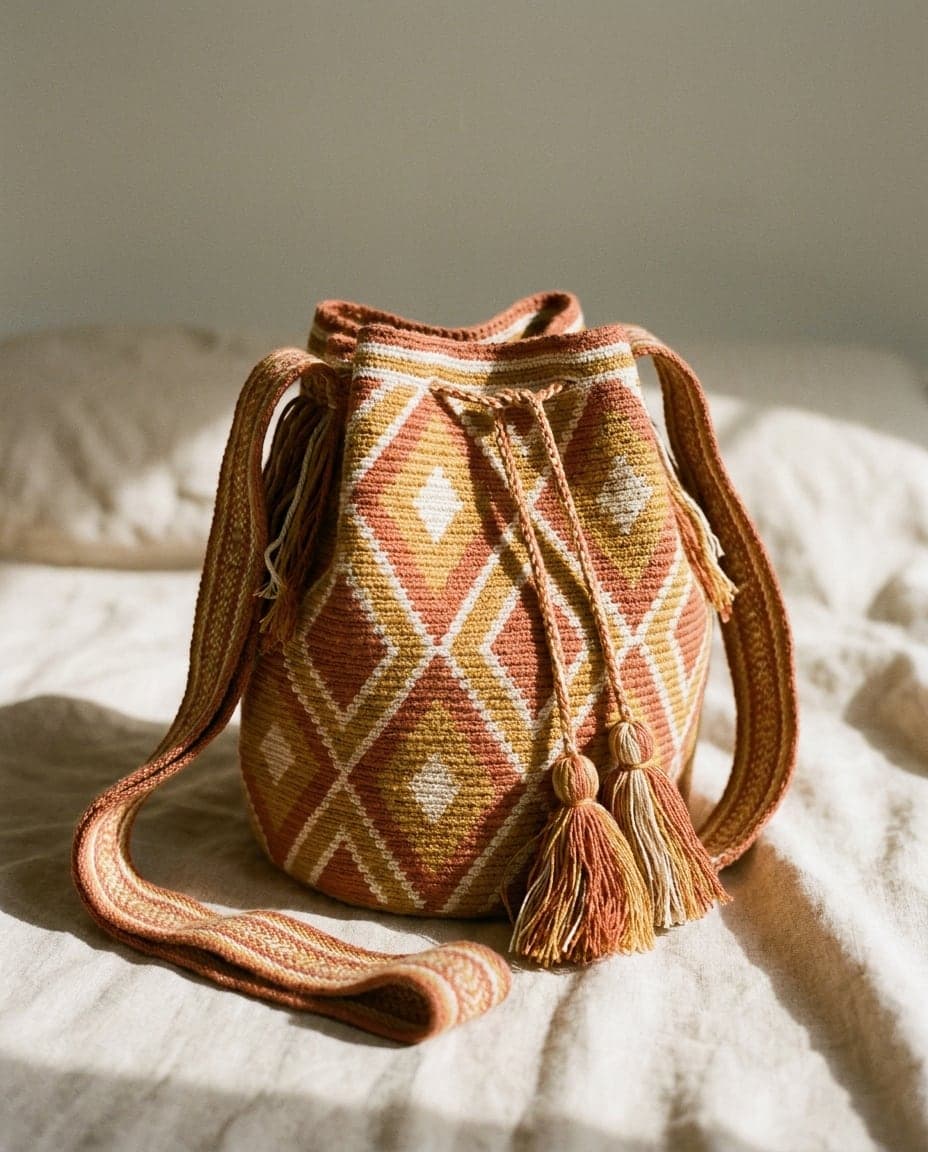 Handgewebte Wayuu-Mochila Cabo in Ton, Ocker und Creme