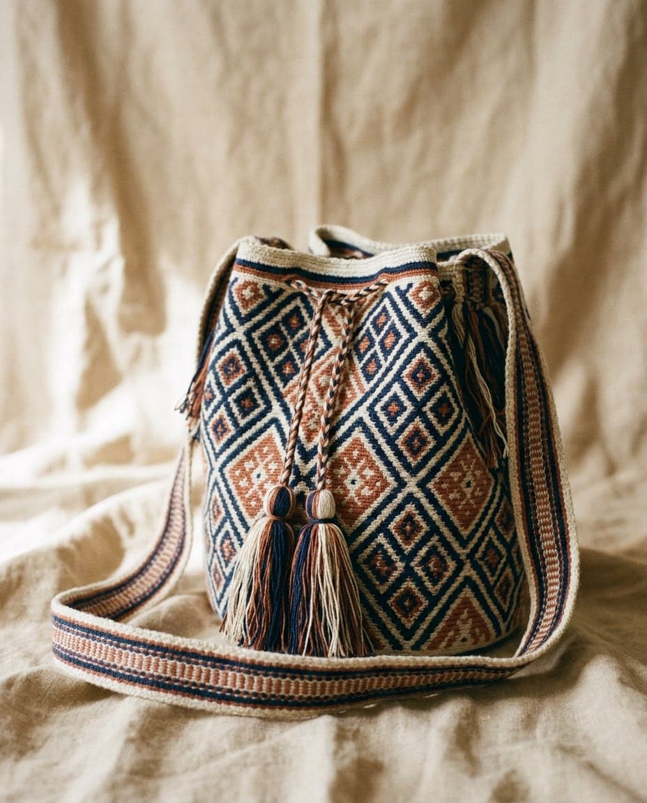 Handgewebte Wayuu-Mochila Manaure in tiefem Indigo mit Ton-Akzenten