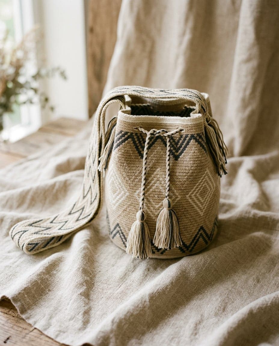 Handgewebte Wayuu-Mochila Taroa in Sand, Creme und Holzkohle