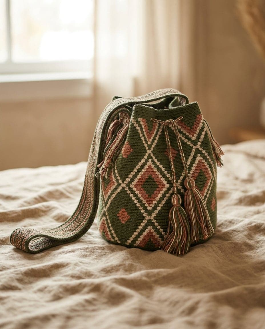 Einzelfaden-Wayuu-Mochila Macuira in Moos, Ton und Rohweiß