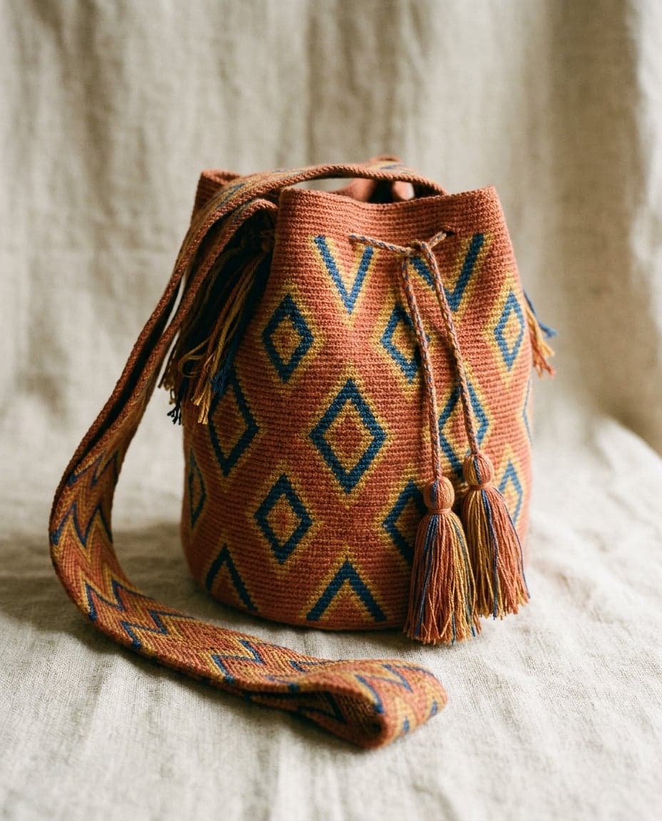 Einzelfaden-Wayuu-Mochila Wayúu in Ton, Ocker und Nachtblau
