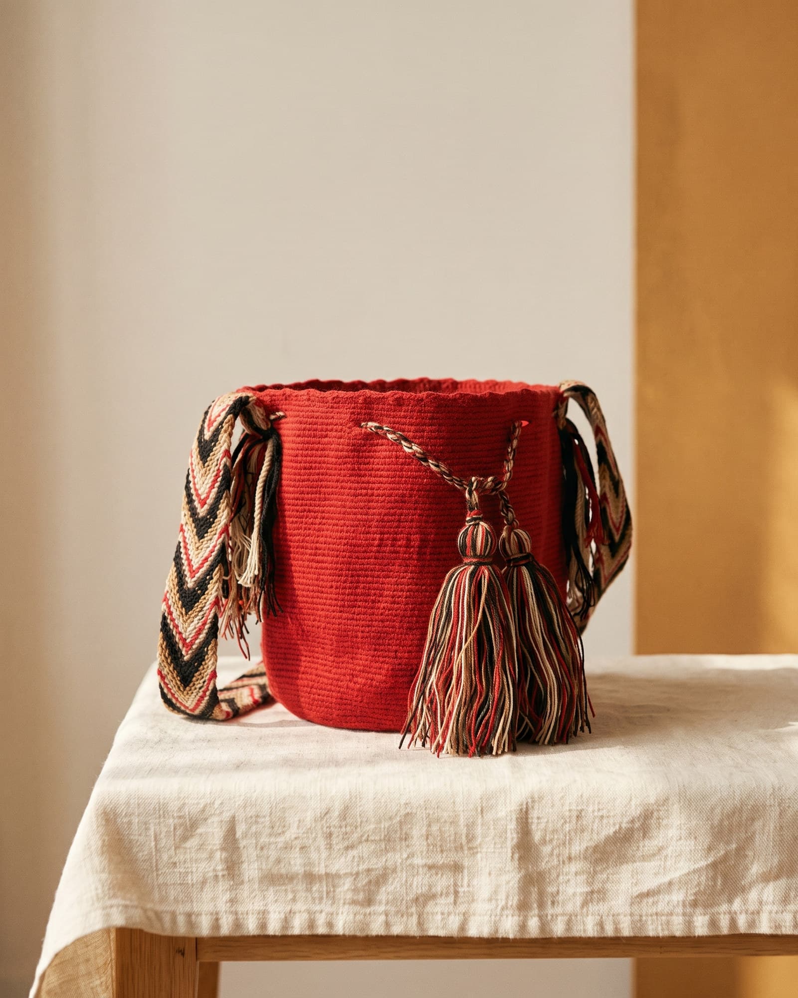 Rote Mochila Lisa auf Leinen im warmen Tageslicht, geflochtener Henkel in Schwarz, Beige und Rot, zwei Quasten am Zugband.