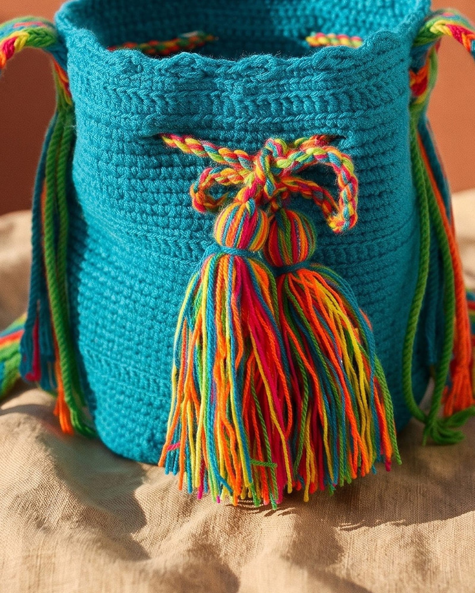 Detailaufnahme der Mochila: Gewebe, Muster und geflochtene Quasten aus der Nähe.