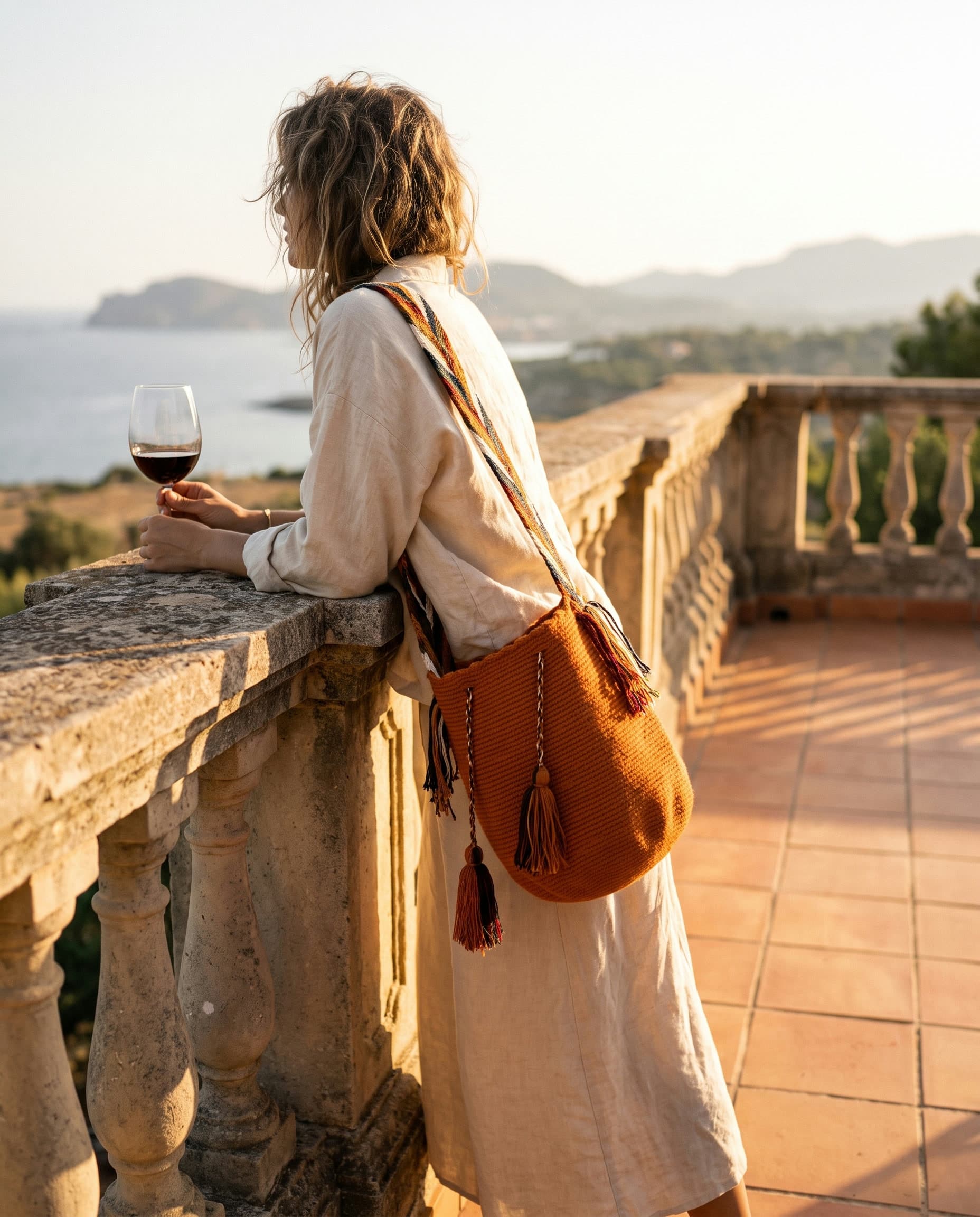 Die Terracotta-Mochila auf einer sonnigen Terrasse zur goldenen Stunde
